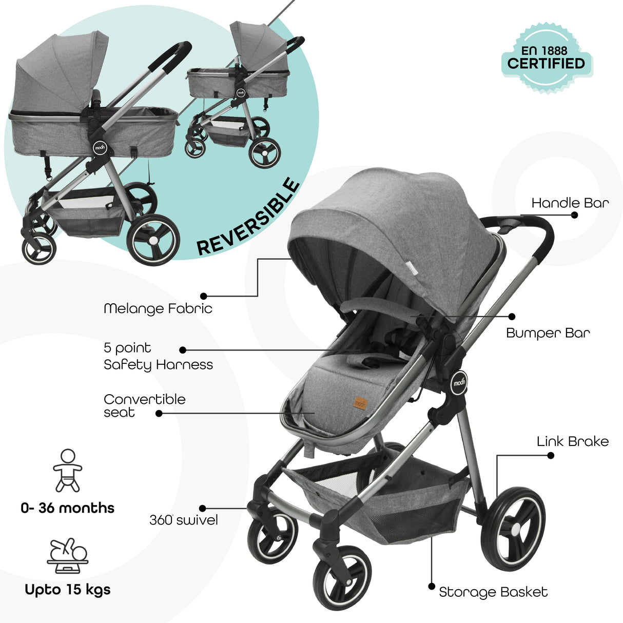 The Moon Brand™ Pro 2-in-1 Kinderwagen - Duo Wandelwagen en Wieg - Donker Grijs