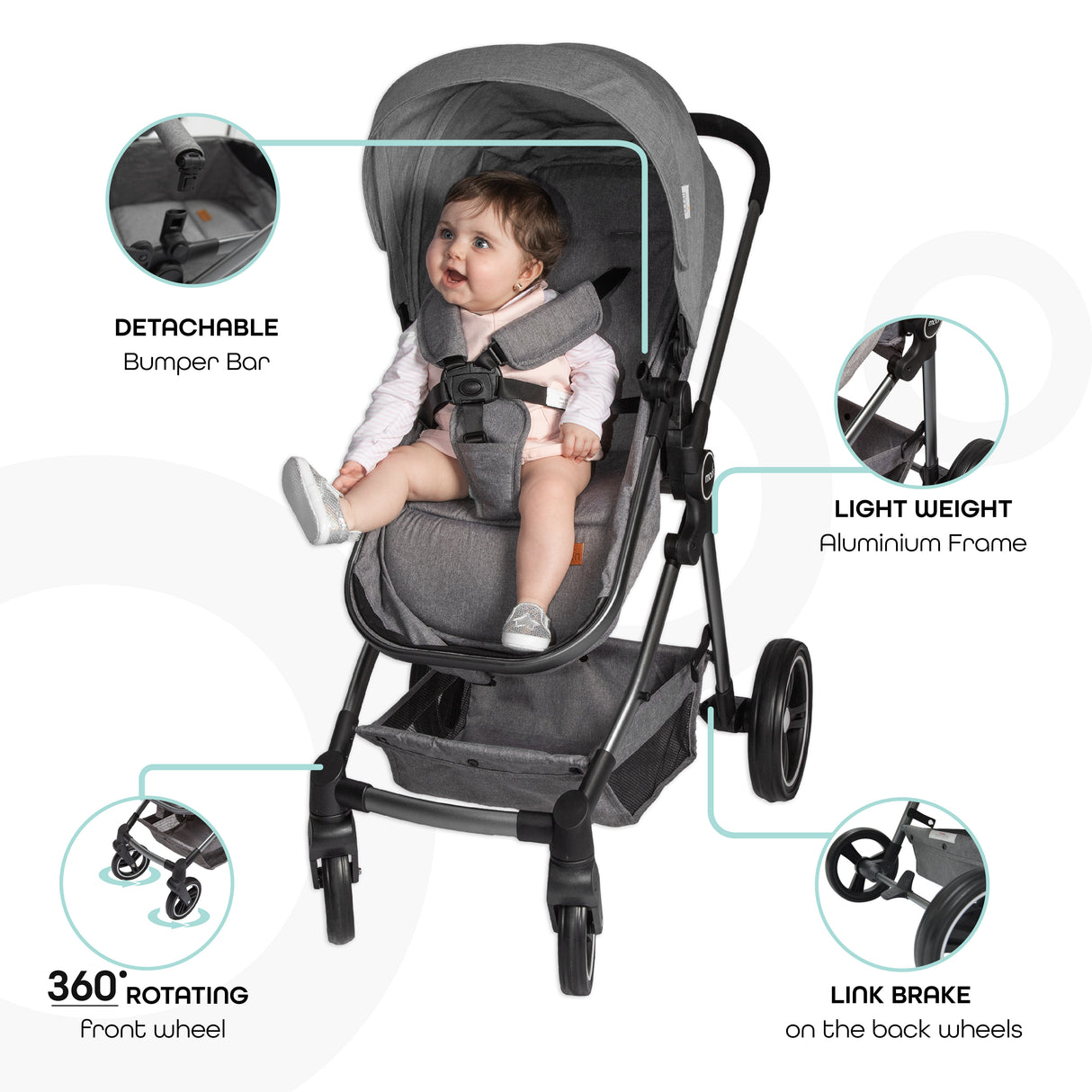The Moon Brand™ Pro 2-in-1 Kinderwagen - Duo Wandelwagen en Wieg - Donker Grijs