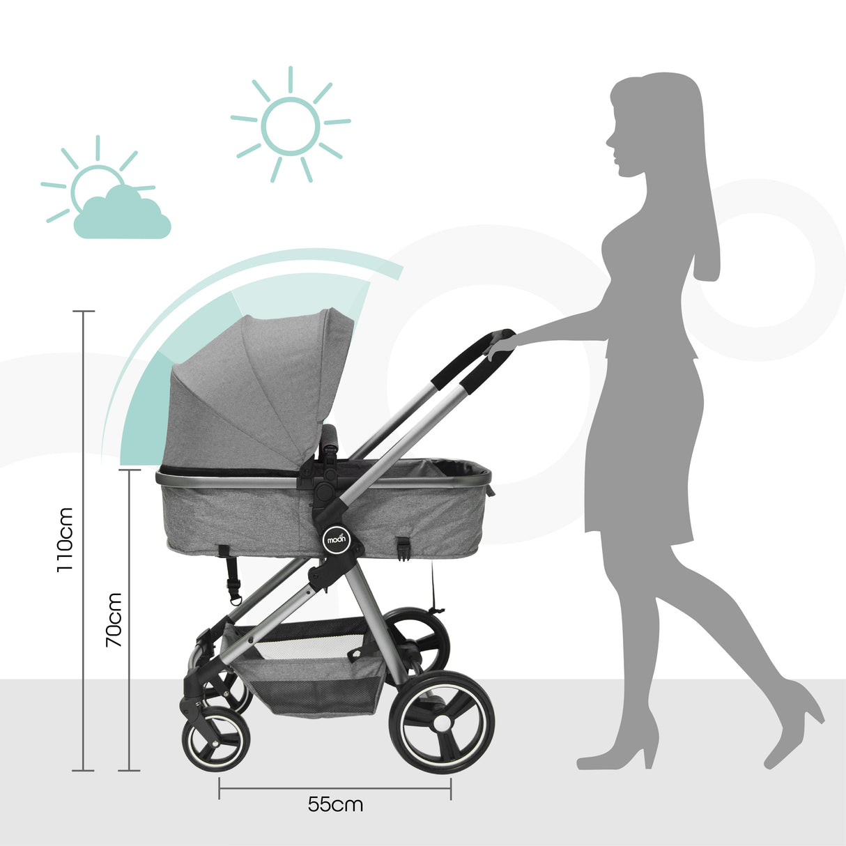 The Moon Brand™ Pro 2-in-1 Kinderwagen - Duo Wandelwagen en Wieg - Donker Grijs