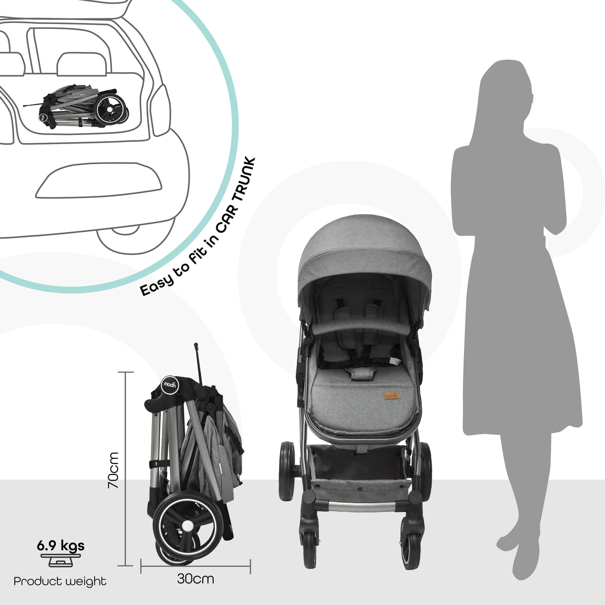 The Moon Brand™ Pro 2-in-1 Kinderwagen - Duo Wandelwagen en Wieg - Donker Grijs