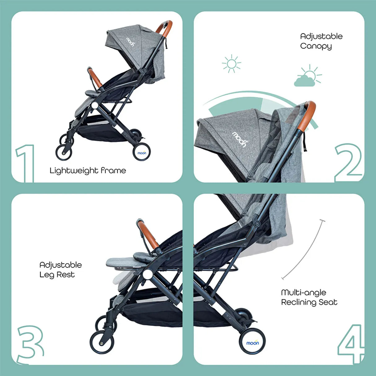 The Moon Brand Ritzi Cabin Stroller -Buggy - Inclusief Reistasje - Ultra-Compact en Automatisch Inklapbaar - Grijs