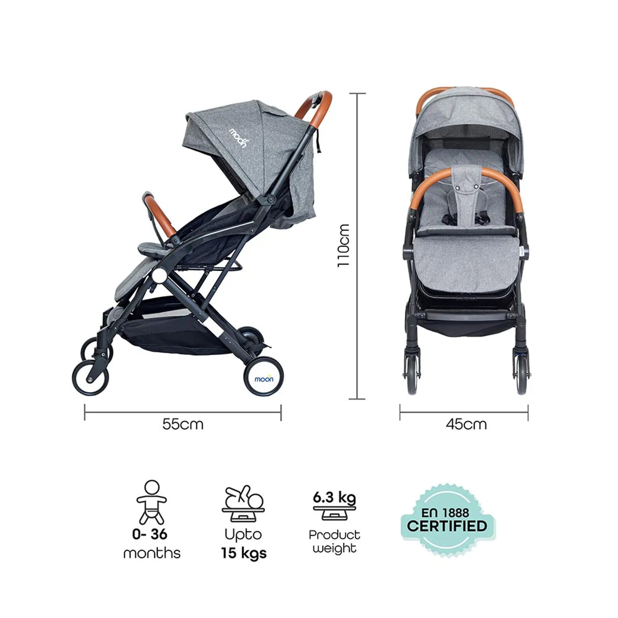 The Moon Brand Ritzi Cabin Stroller -Buggy - Inclusief Reistasje - Ultra-Compact en Automatisch Inklapbaar - Grijs