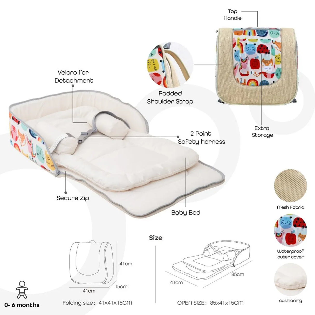 Moon™ Travalo - Baby Travel Bed & Backpack - Multifunctionele Baby Reistas - Beige/Colors