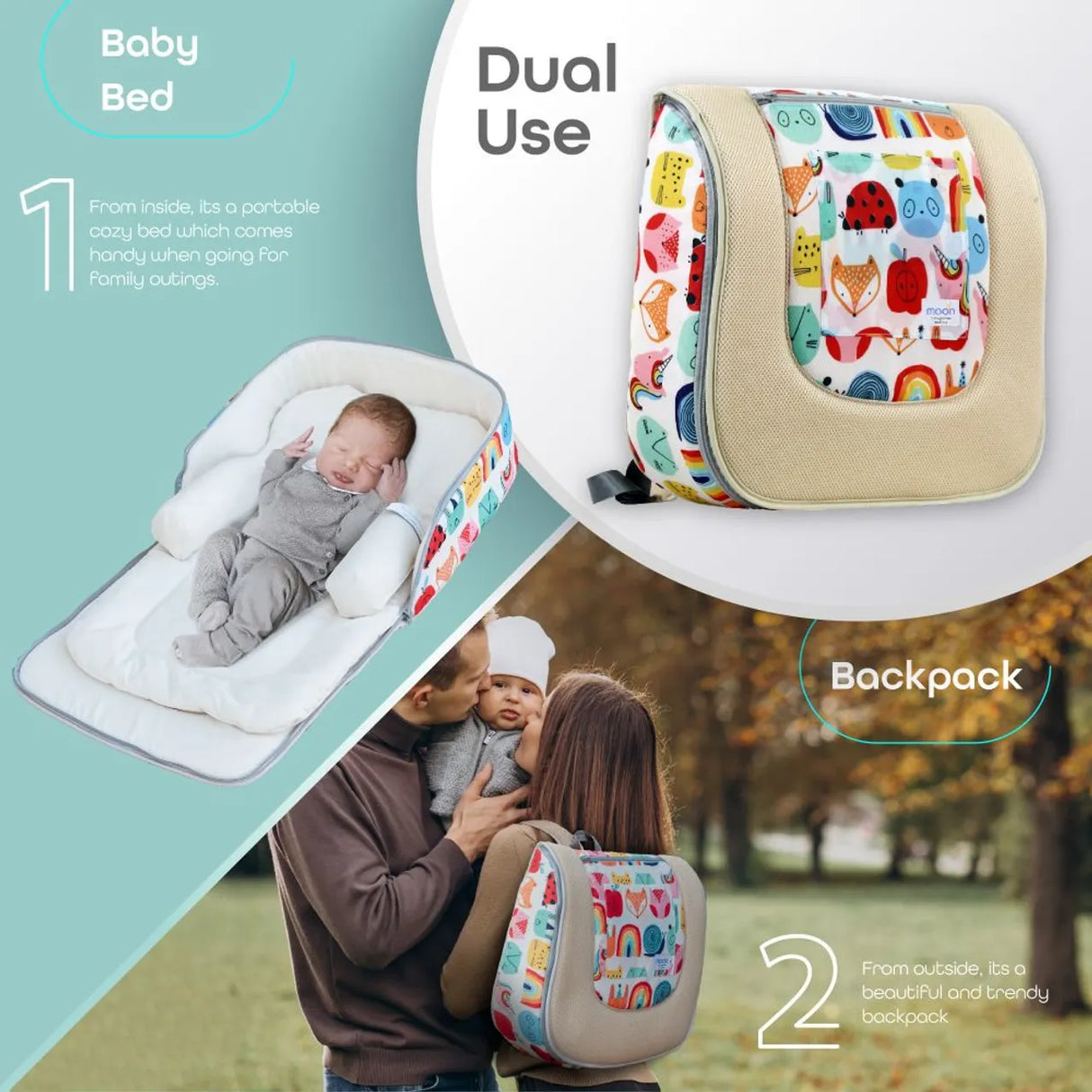 Moon™ Travalo - Baby Travel Bed & Backpack - Multifunctionele Baby Reistas - Beige/Colors