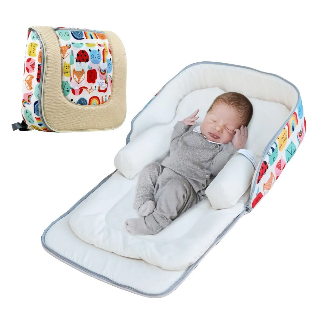 Moon™ Travalo - Baby Travel Bed & Backpack - Multifunctionele Baby Reistas - Beige/Colors