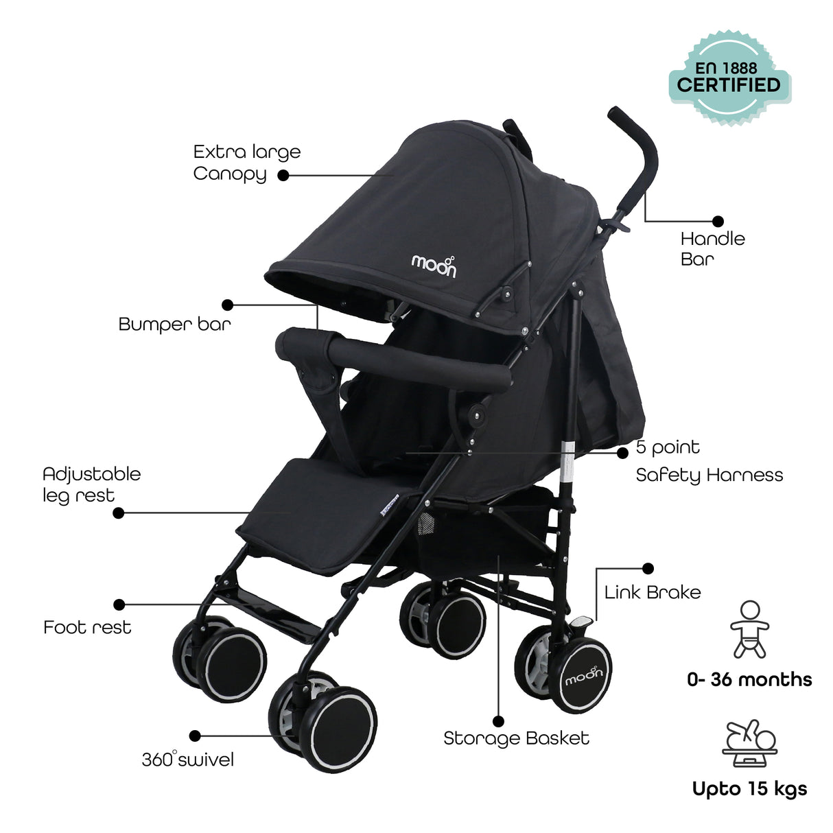 The Moon Brand™ Neo Plus Reisebuggy – Mehrere Sitzpositionen – Bequeme Griffe – Superleicht und kompakt – Schwarz