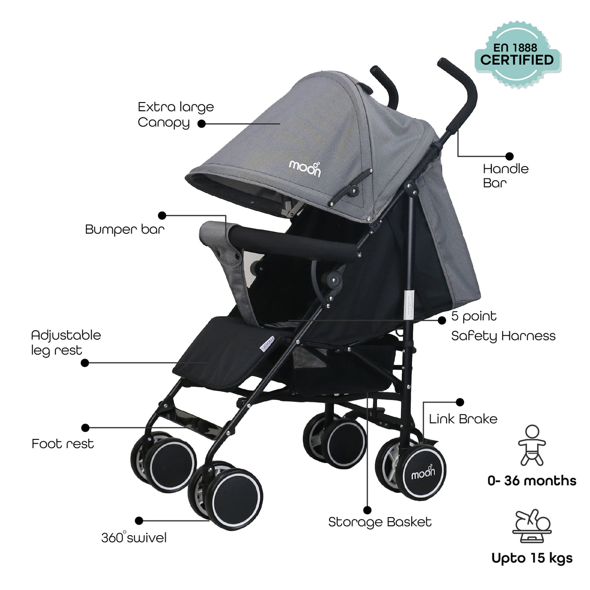 The Moon Brand™ Neo Plus Reisebuggy – Mehrere Sitzpositionen – Bequeme Griffe – Superleicht und kompakt – Schwarz-Graue Punkte