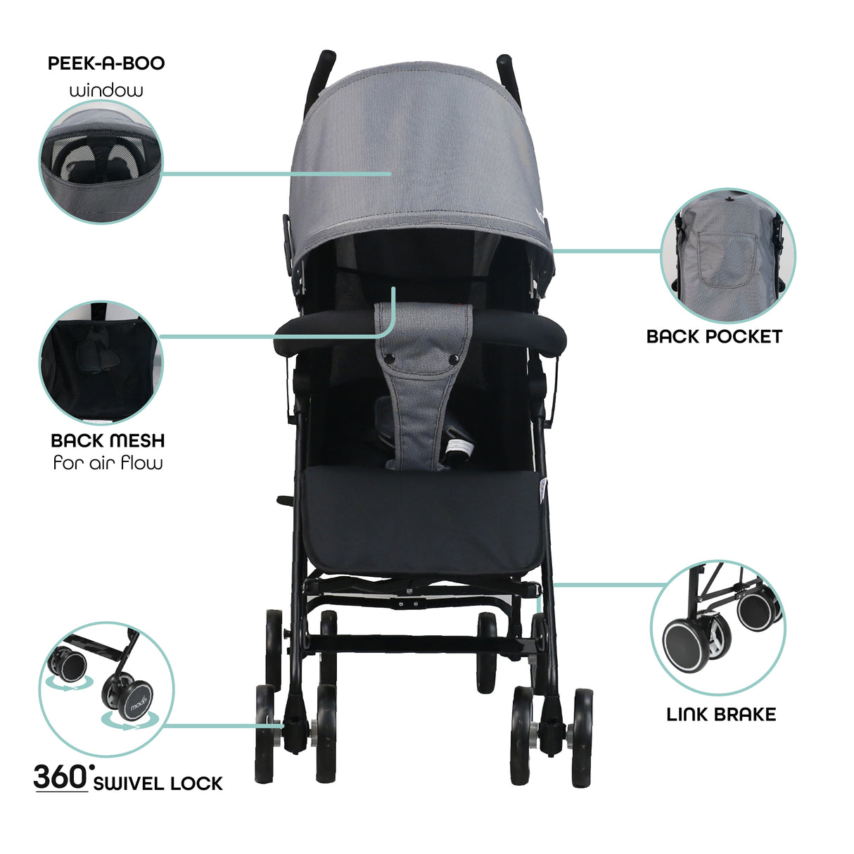 The Moon Brand™ Neo Plus Reisebuggy – Mehrere Sitzpositionen – Bequeme Griffe – Superleicht und kompakt – Schwarz-Graue Punkte