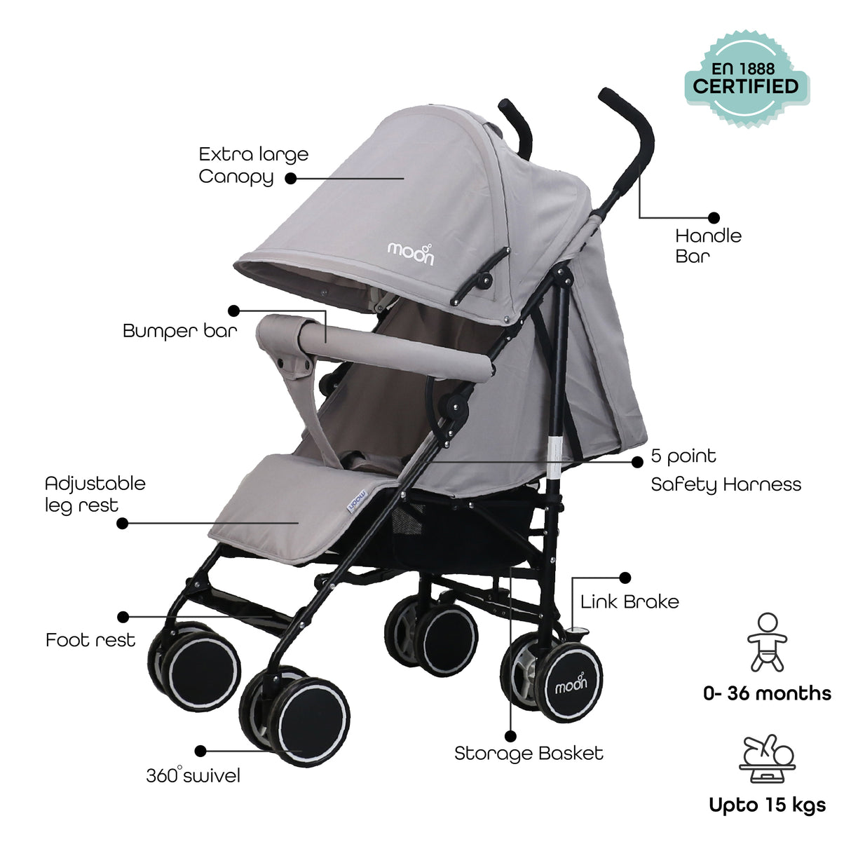 The Moon Brand™ Neo Plus Reisebuggy – Mehrere Sitzpositionen – Bequeme Griffe – Superleicht und kompakt – Hellgrau