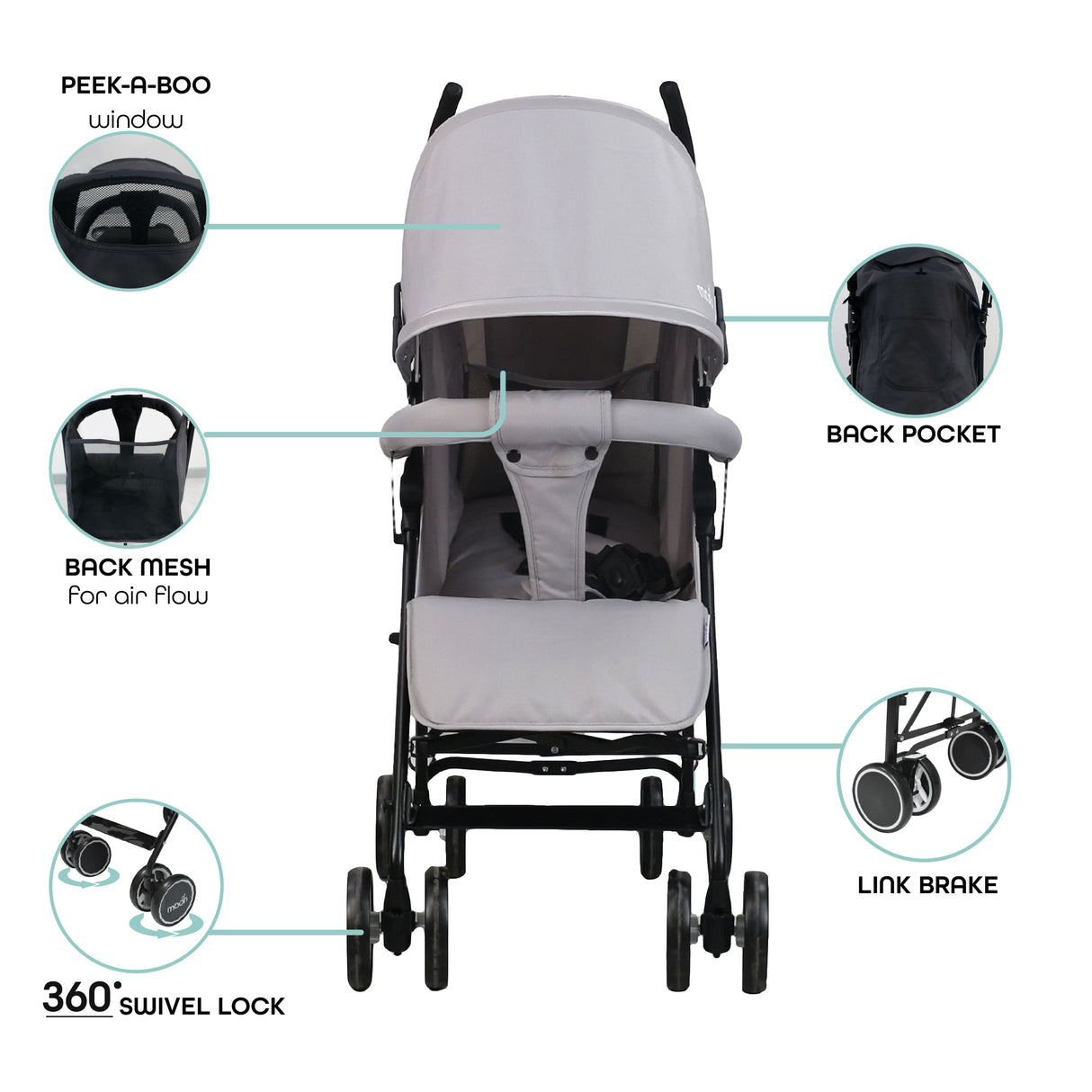 The Moon Brand™ Neo Plus Reisebuggy – Mehrere Sitzpositionen – Bequeme Griffe – Superleicht und kompakt – Hellgrau