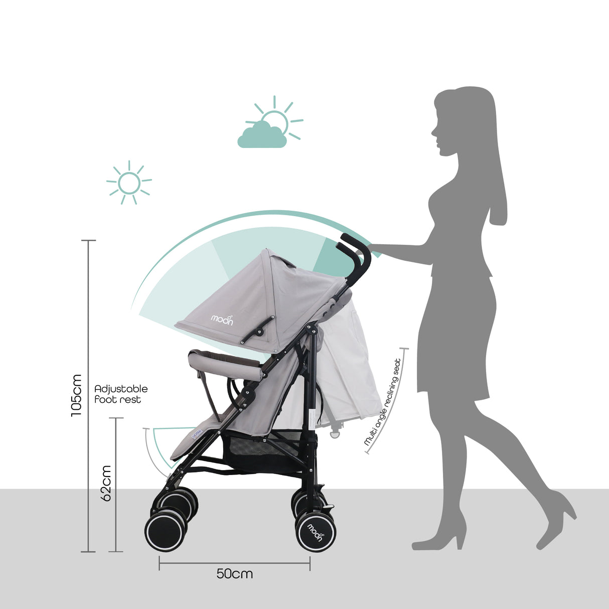 The Moon Brand™ Neo Plus Reisebuggy – Mehrere Sitzpositionen – Bequeme Griffe – Superleicht und kompakt – Hellgrau