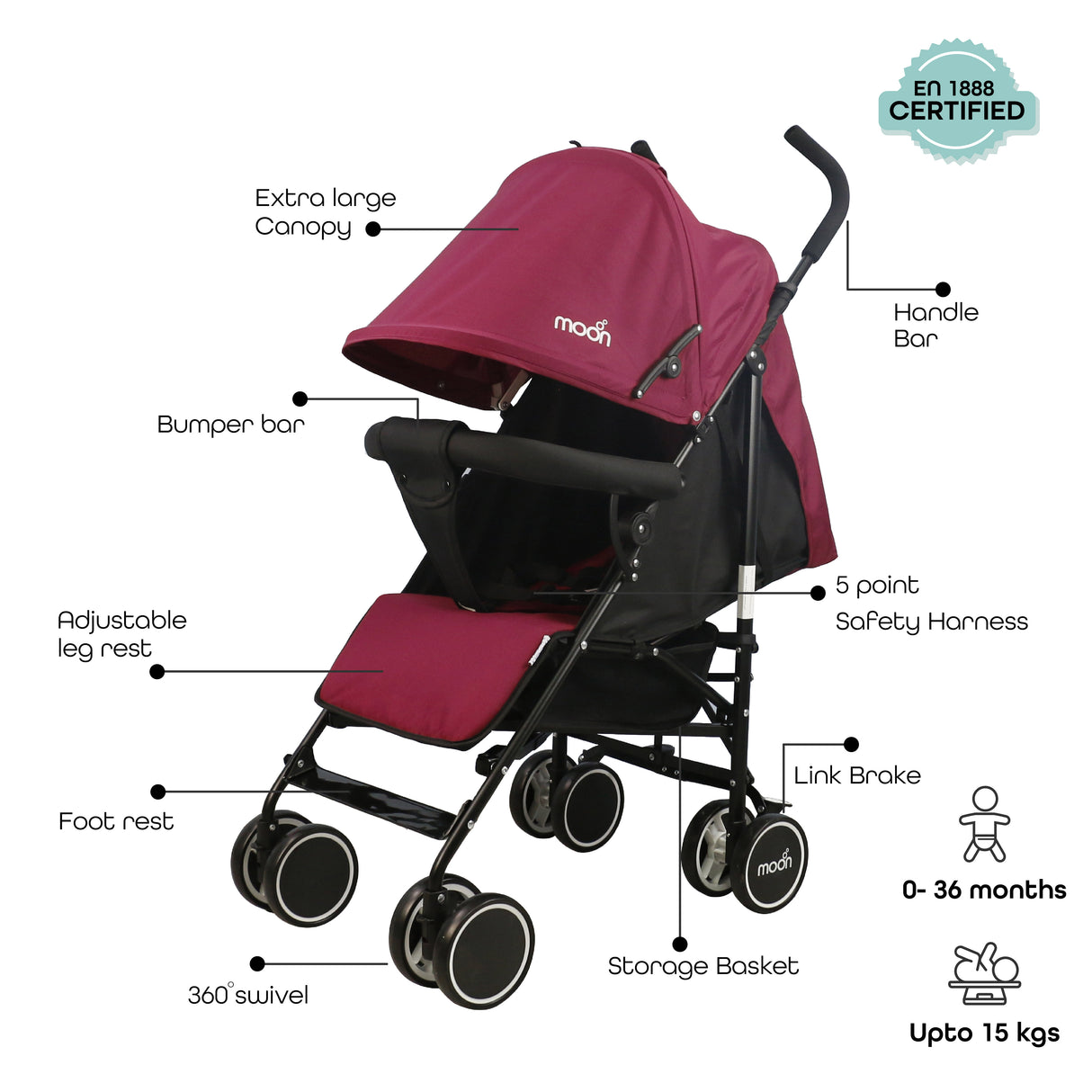 The Moon Brand™ Neo Plus Reisebuggy – Mehrere Sitzpositionen – Bequeme Griffe – Superleicht und kompakt – Dunkelrot