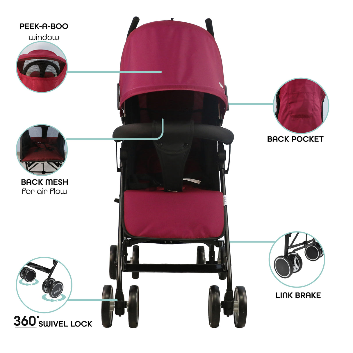 The Moon Brand™ Neo Plus Reisebuggy – Mehrere Sitzpositionen – Bequeme Griffe – Superleicht und kompakt – Dunkelrot