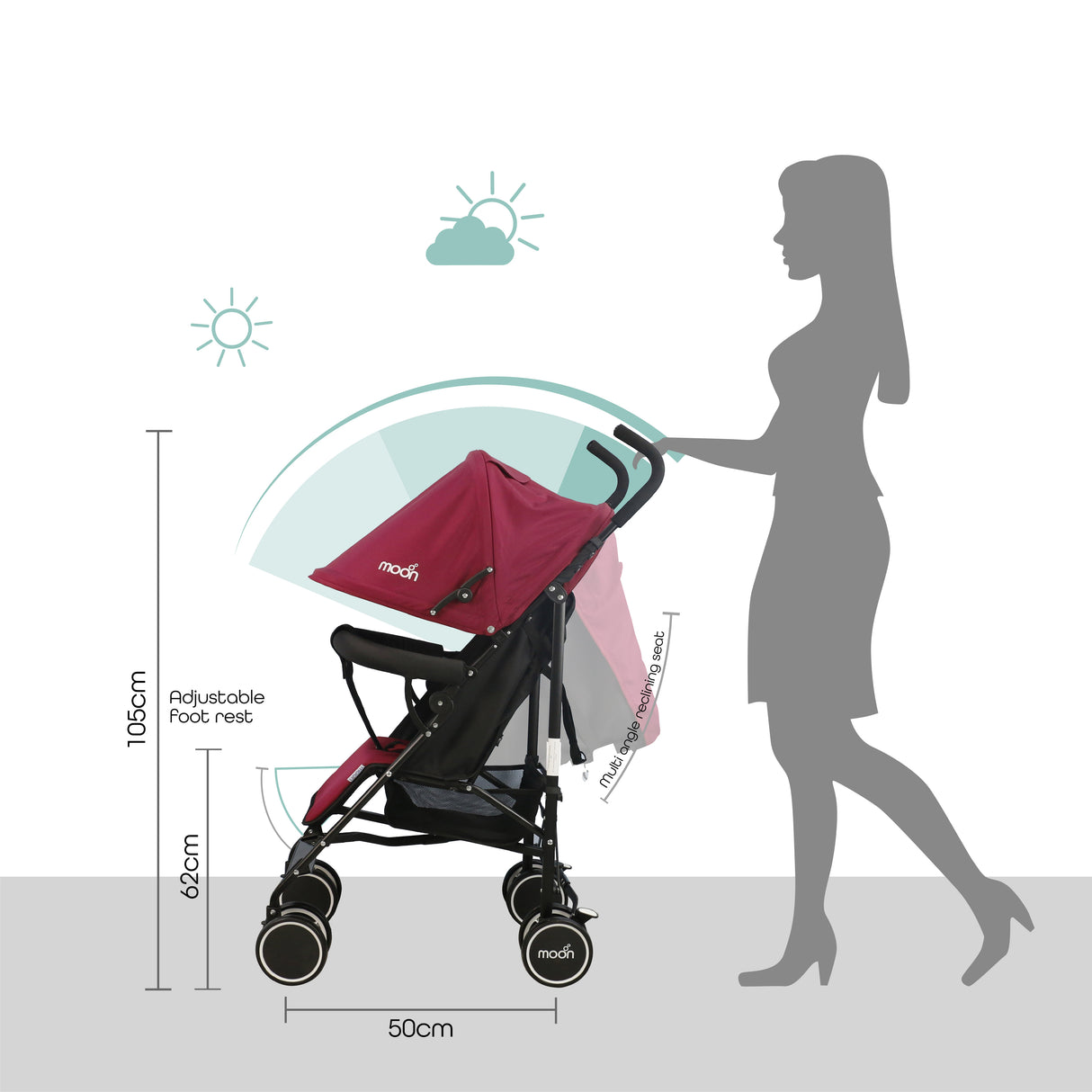 The Moon Brand™ Neo Plus Reisebuggy – Mehrere Sitzpositionen – Bequeme Griffe – Superleicht und kompakt – Dunkelrot