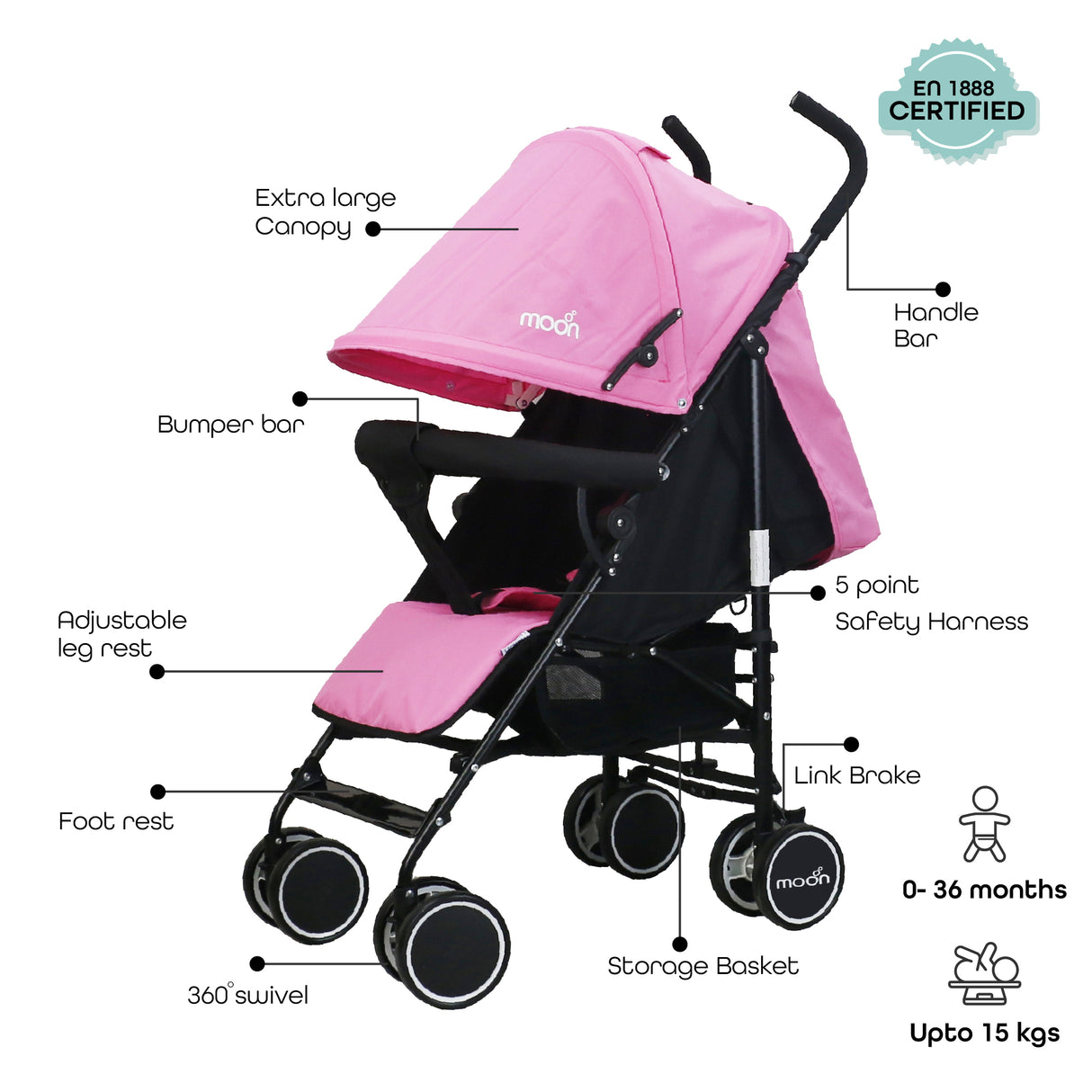 The Moon Brand™ Neo Plus Reisebuggy – Mehrere Sitzpositionen – Bequeme Griffe – Superleicht und kompakt – Rosa