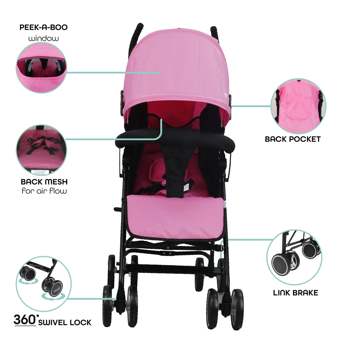 The Moon Brand™ Neo Plus Reisebuggy – Mehrere Sitzpositionen – Bequeme Griffe – Superleicht und kompakt – Rosa