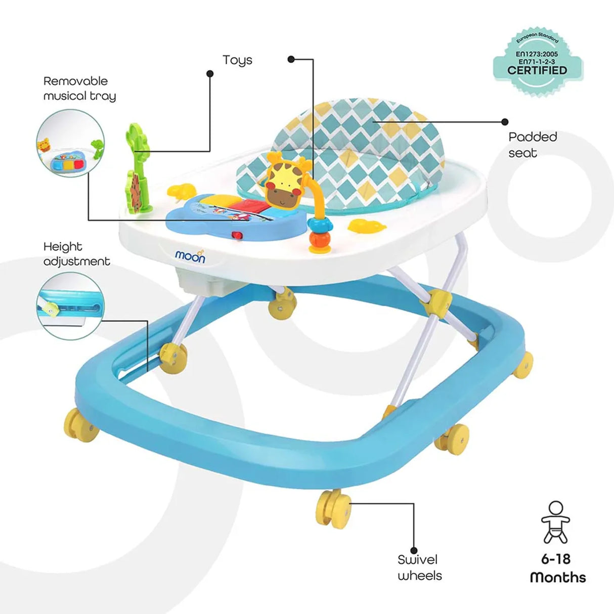 MOON™ Drive With Music Baby Walker - Walking Trainer - Adjustable - Incl. Play and Music Sheet - Blue Forest