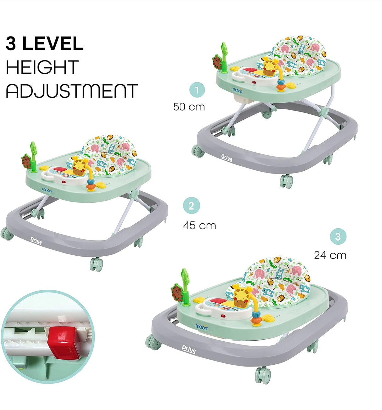 MOON™ Drive With Music Baby Walker - Walking Trainer - Adjustable - Incl. Play and Music Sheet - Grey Forest