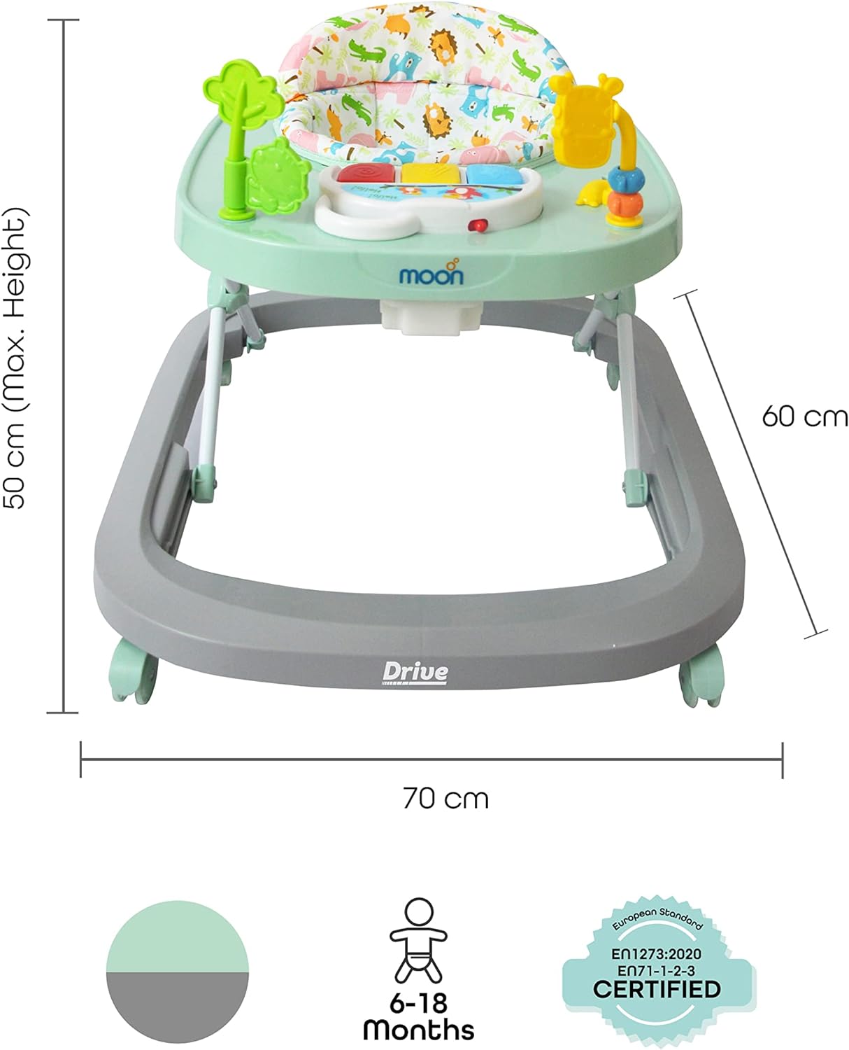 MOON™ Drive With Music Baby Walker - Walking Trainer - Adjustable - Incl. Play and Music Sheet - Grey Forest