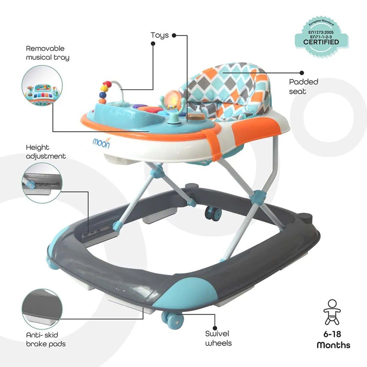 MOON™ Pace Baby Walker - Walking Trainer - Adjustable - Incl. Play and Music Sheet - Grey