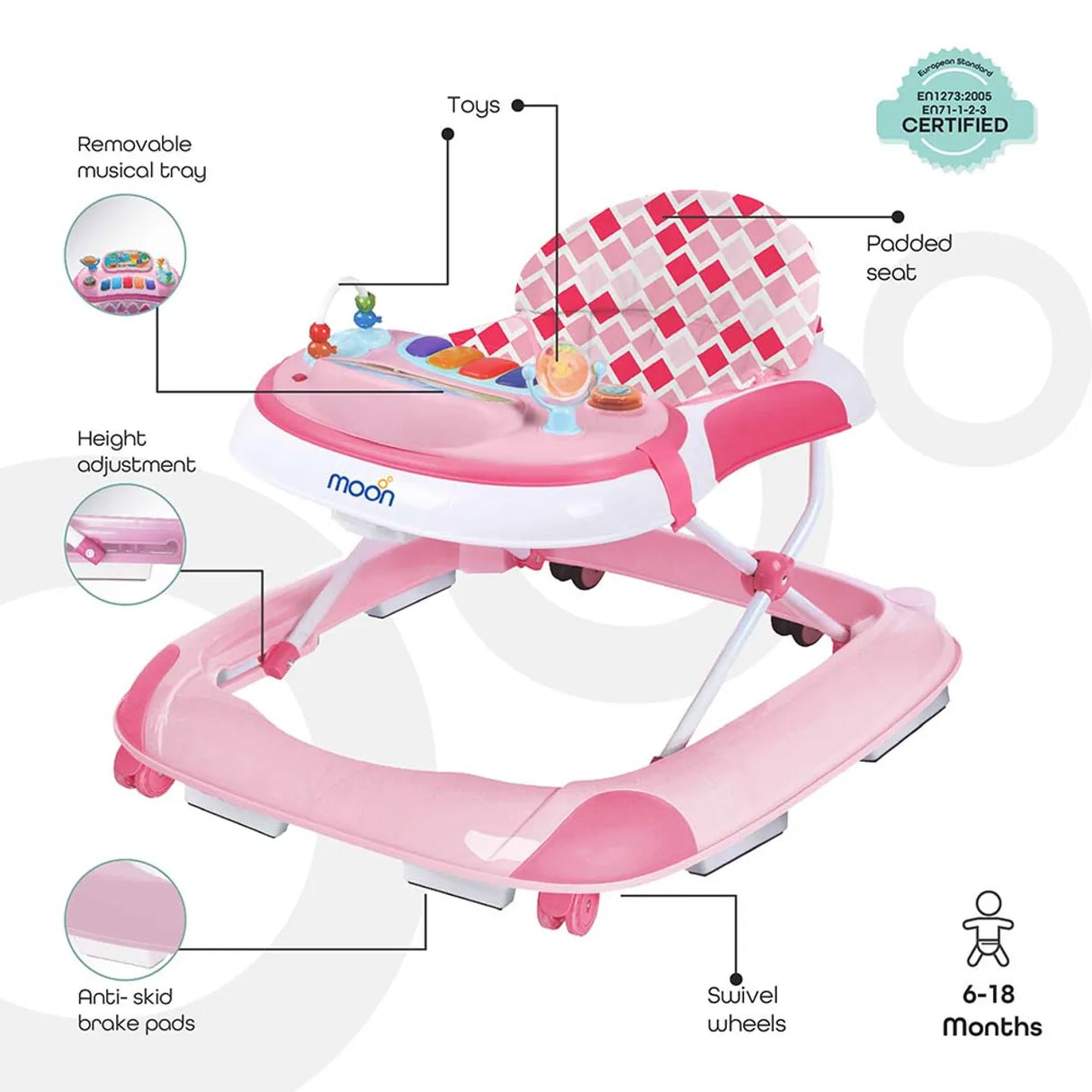 MOON™ Pace Baby Walker - Walking Trainer - Adjustable - Incl. Play and Music Sheet - Pink
