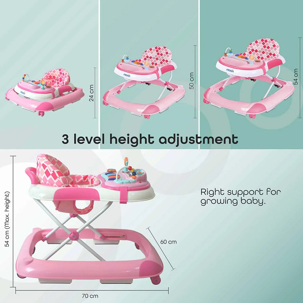 MOON™ Pace Baby Walker - Walking Trainer - Adjustable - Incl. Play and Music Sheet - Pink