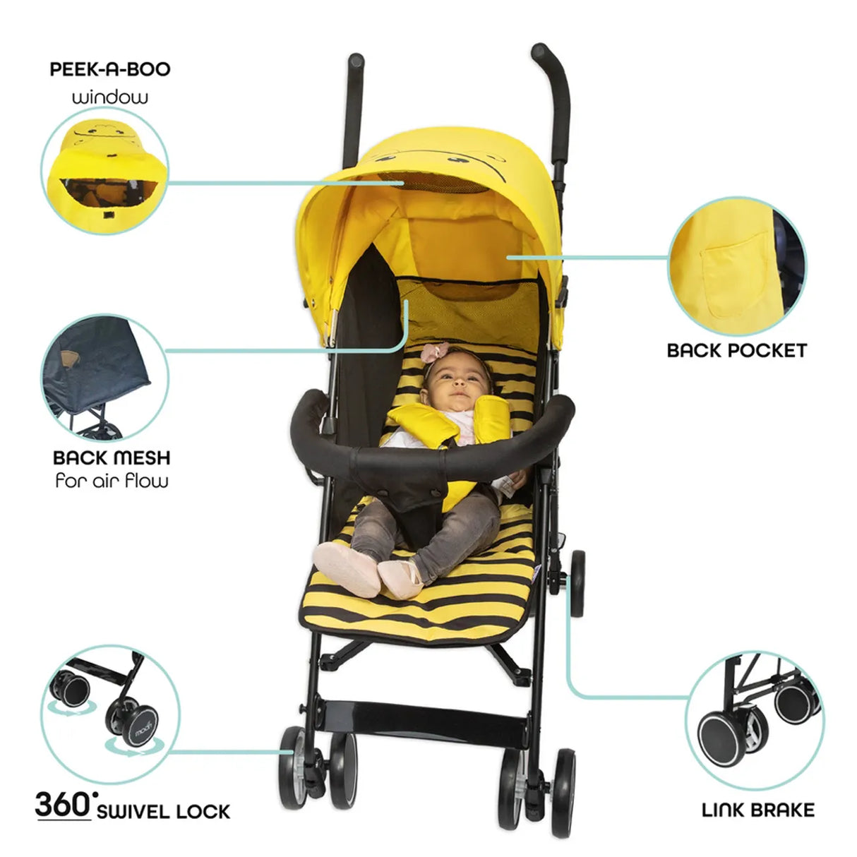 The Moon Brand™ Safari Ultraleichter Kinderwagen – Buggy – Automatisches Zusammenklappen – Biene