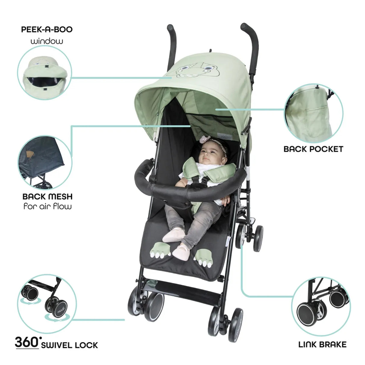 The Moon Brand™ Safari Ultraleichter Kinderwagen – Buggy – Automatisches Zusammenklappen – Dino