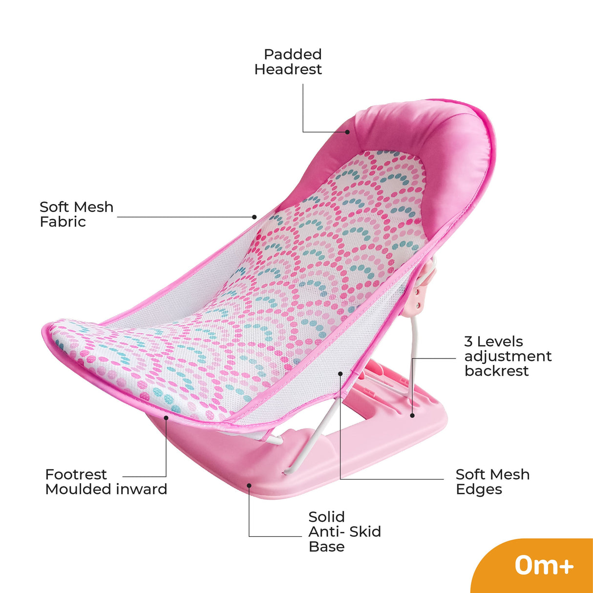 Moon™ Bath Rose - Foldable Baby Bath Seat - Adjustable Reclining Positions - Non-Slip Soft Mesh