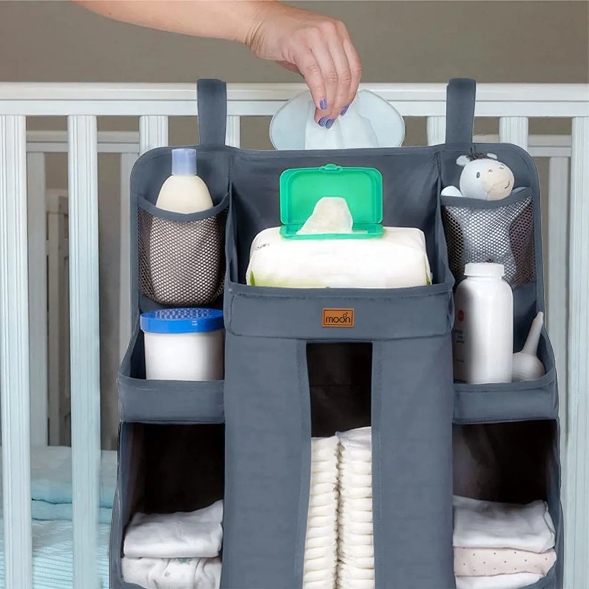 Moon™ Babybed Organizer - Space Saving - Adjustable Straps - Durable - Light Gray
