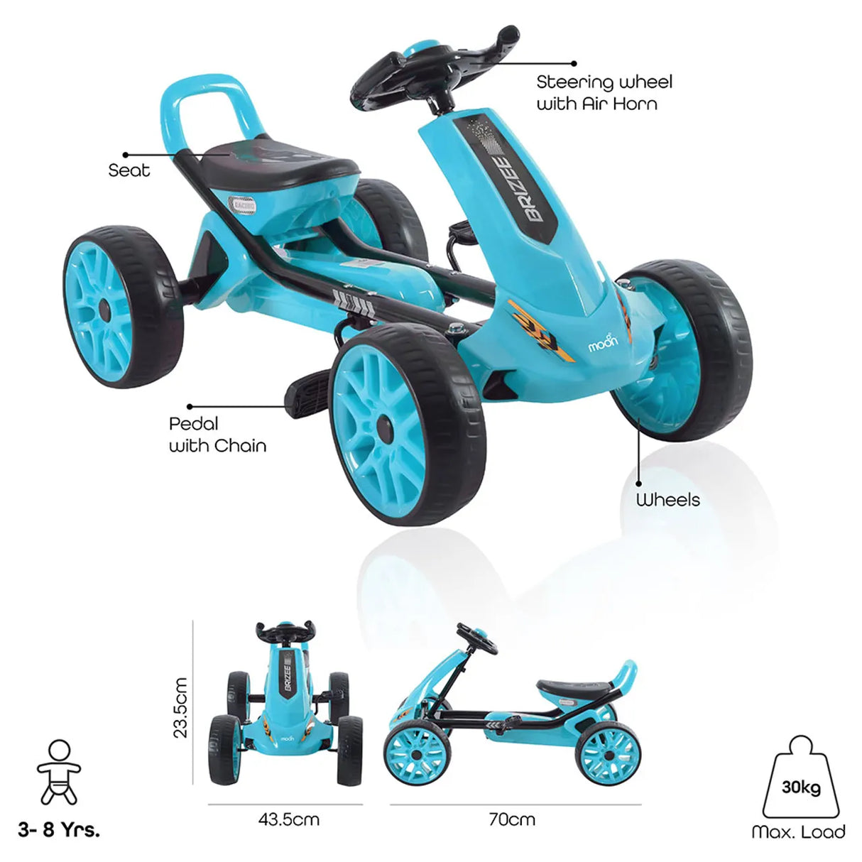 Moon™ Brizee Go-Kart – Pedal-Gokart – Blau – Verstellbarer Sitz und Lenkung – Vorwärts- und Rückwärtsbewegung