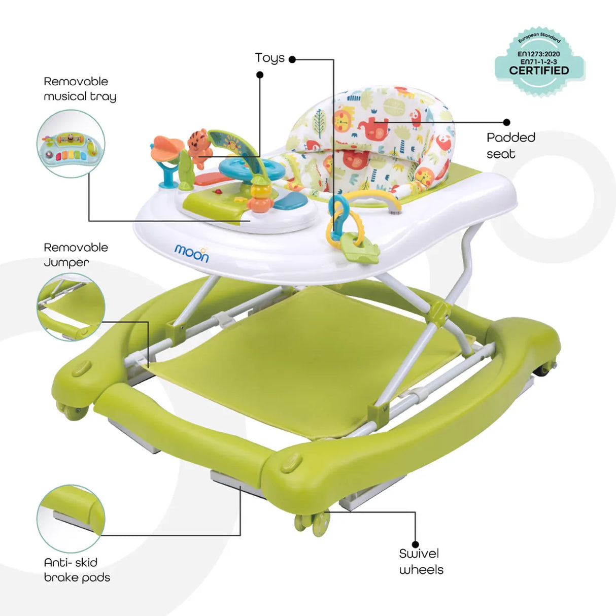 MOON™ Cruise 4-in-1 Walker - Walking Trainer - Adjustable - Incl. Music Box and Spring Base - Green