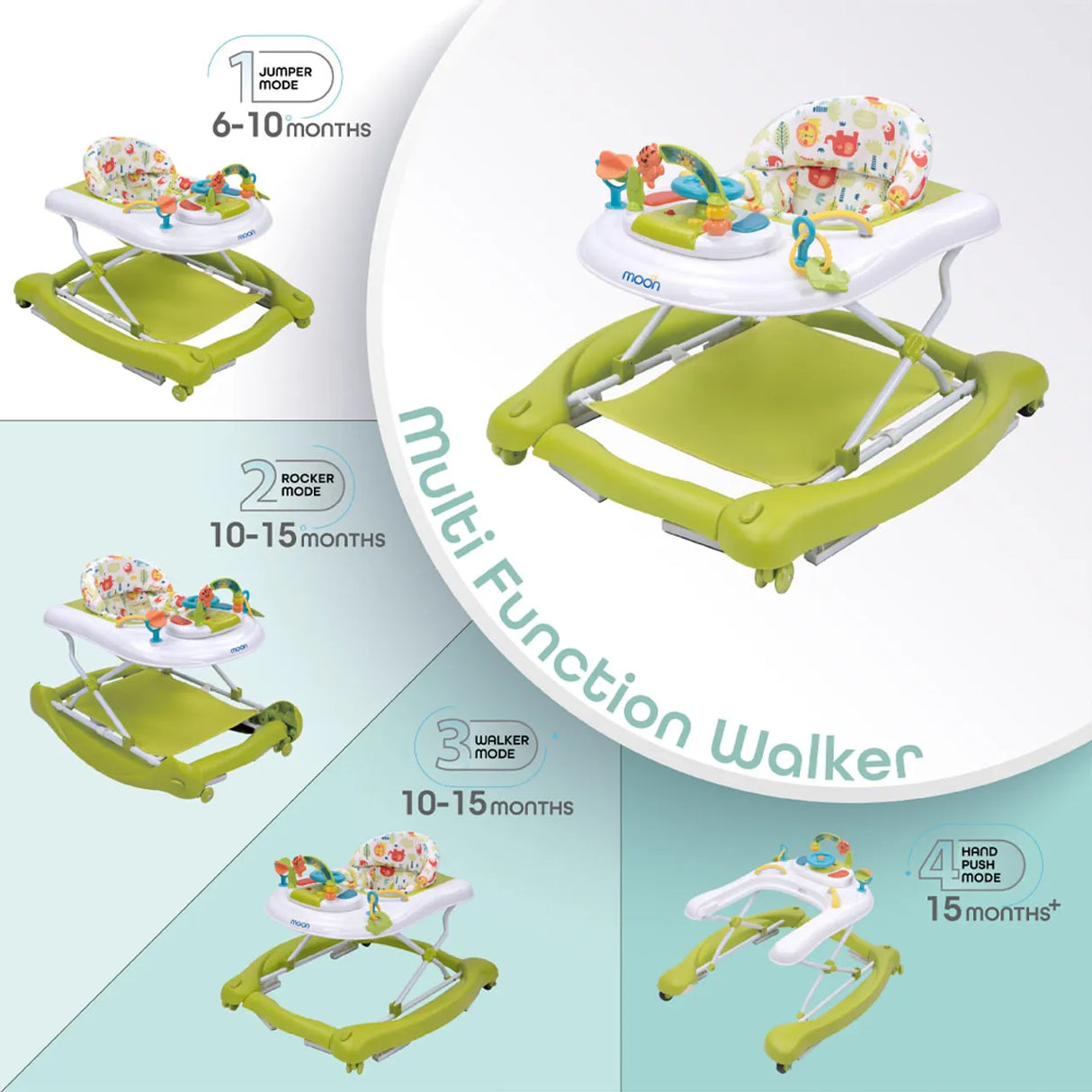 MOON™ Cruise 4-in-1 Walker - Walking Trainer - Adjustable - Incl. Music Box and Spring Base - Green