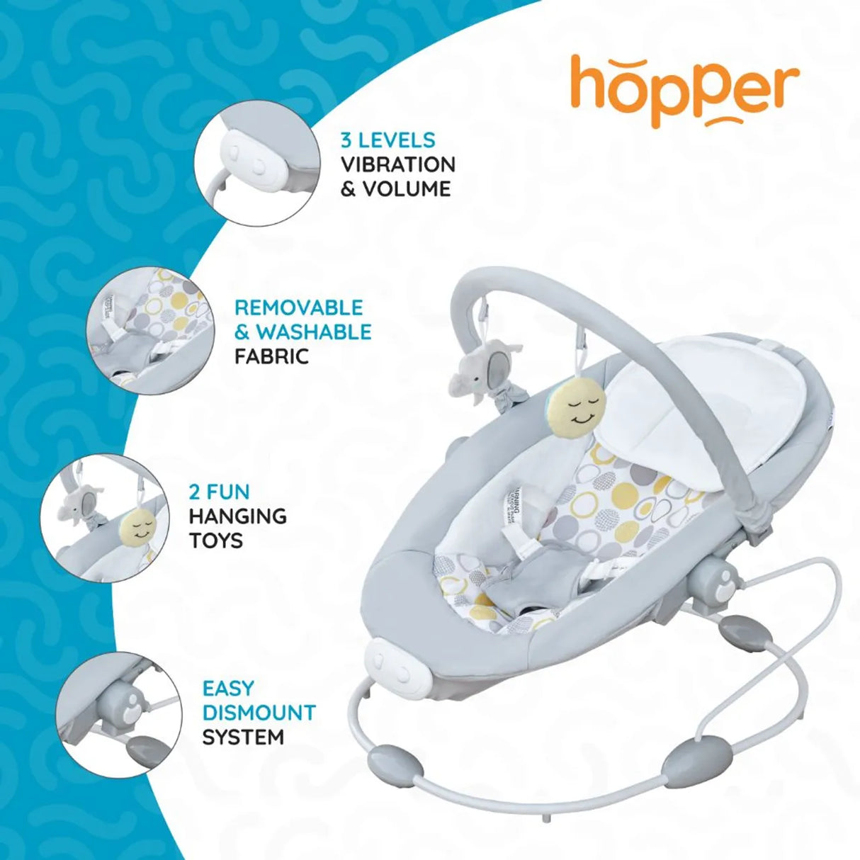 Moon™ Hopper Babywippe - Babyschaukel - Einstellbare Positionen - Spielbogen - Grau