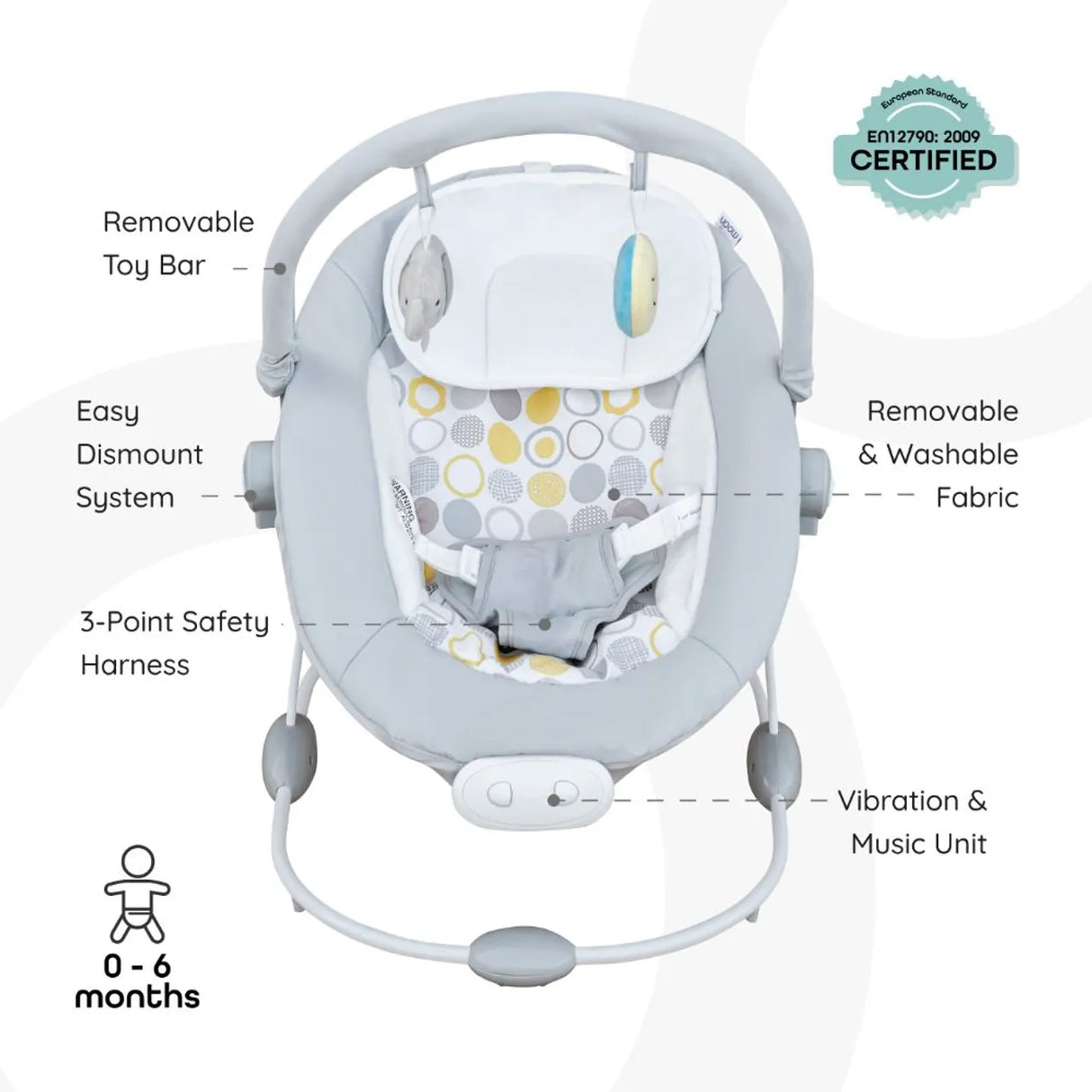 Moon™ Hopper Babywippe - Babyschaukel - Einstellbare Positionen - Spielbogen - Grau