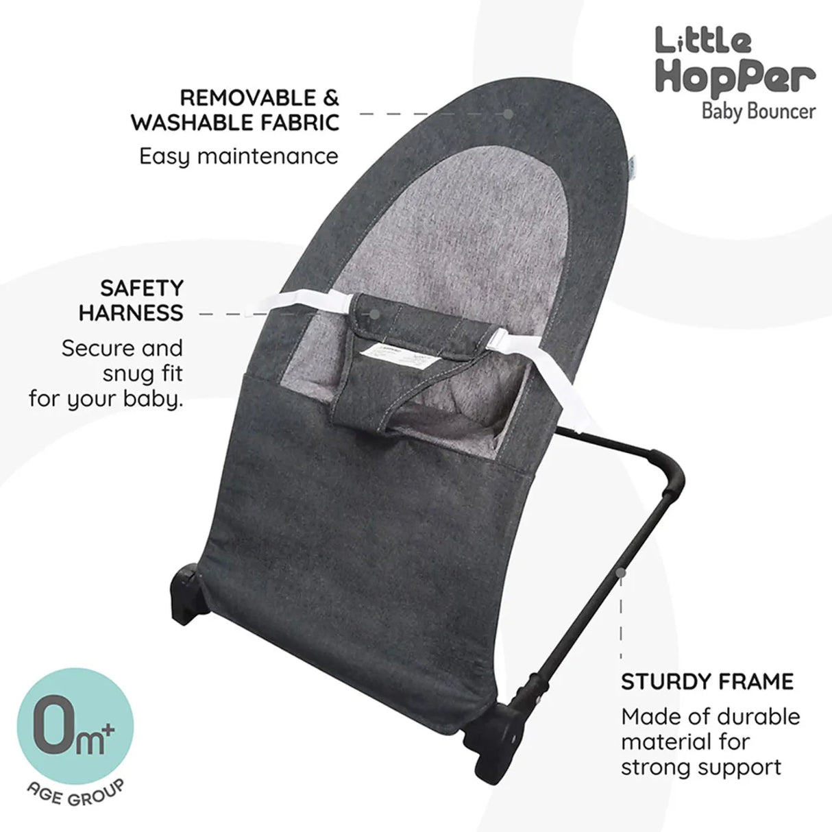 Moon™ Little Hopper Baby Bouncer - Grey - Soft Mesh Fabric - Adjustable Reclining Positions