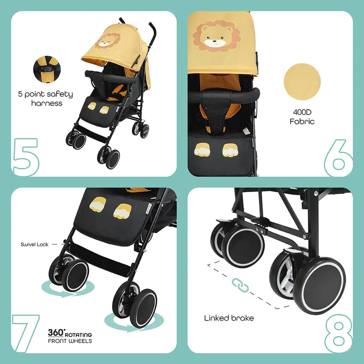 The Moon Brand™ Safari Ultraleichter Kinderwagen – Buggy – Automatisches Zusammenklappen – Löwe
