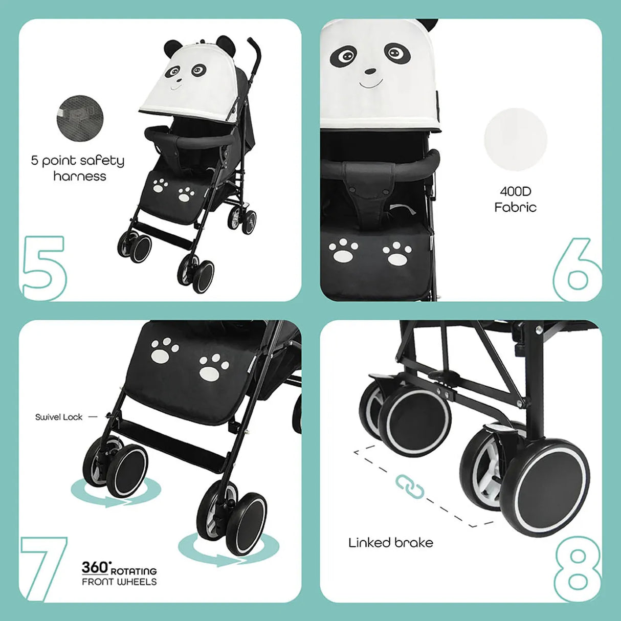 The Moon Brand™ Safari Ultraleichter Kinderwagen – Buggy – Automatisches Zusammenklappen – Panda