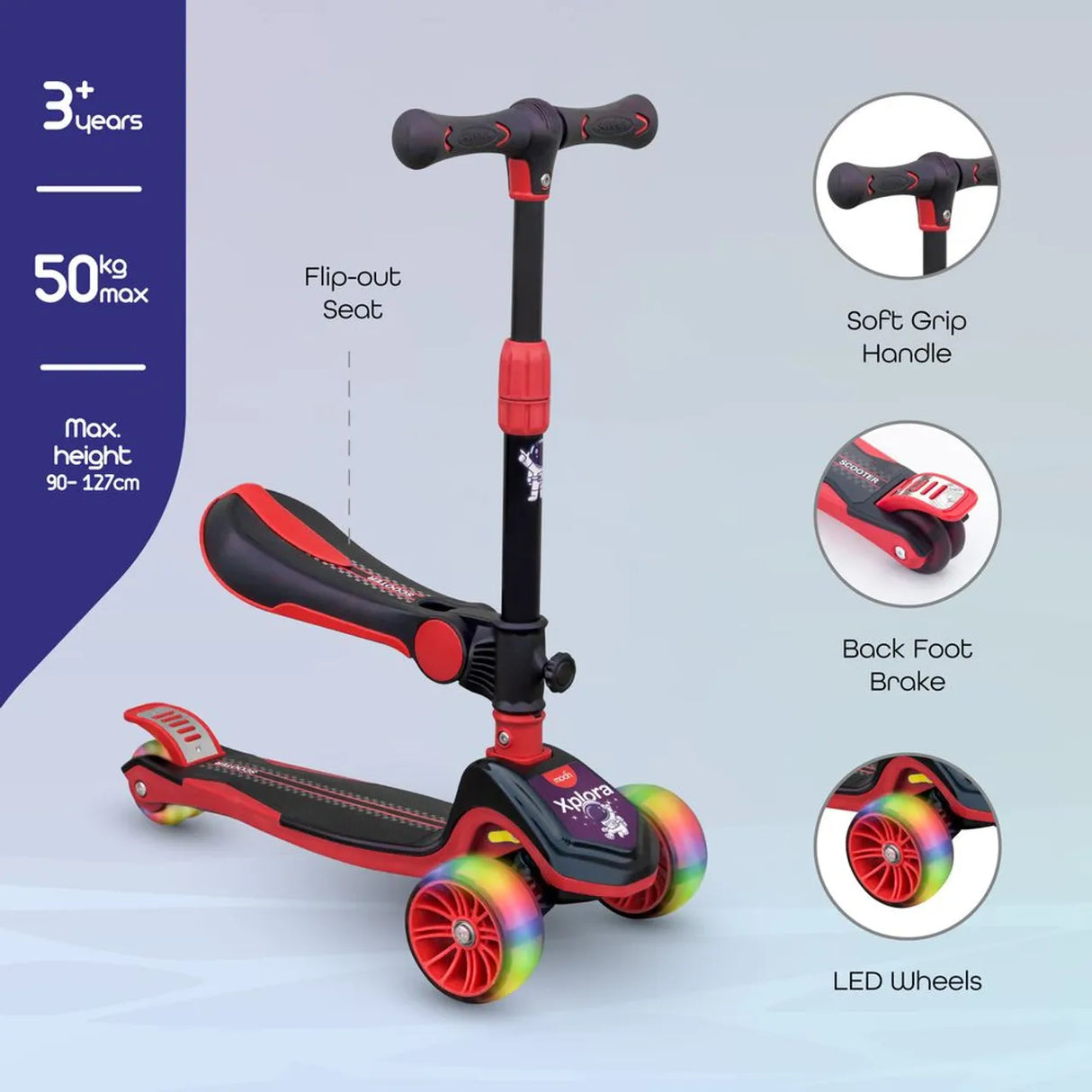 Moon™ Xplora Step Met Zitting en LED-Verlichte Wielen - Verstelbaar en Opvouwbaar -Rood